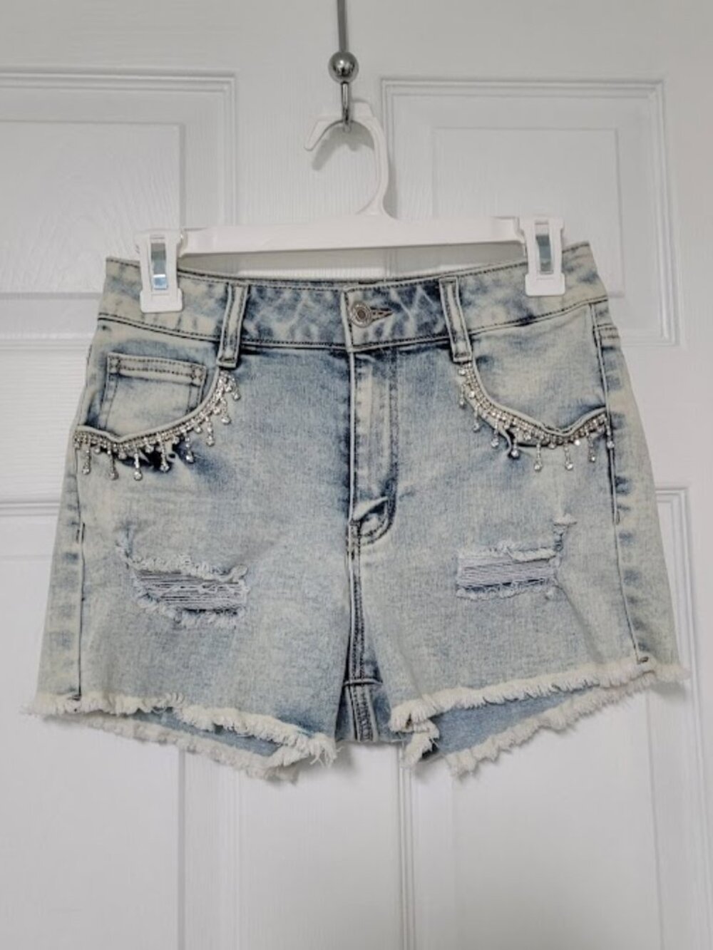 Jeweled Distressed Denim Jean Shorts-Sz 3-26"Waist-Refuge-Mid‑Rise Y2K, Concert
